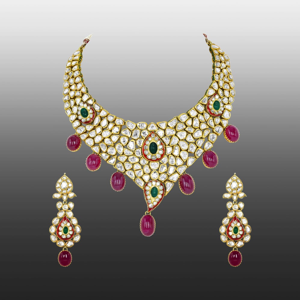 Polki Necklace Set with Emerald and Ruby Cabochons